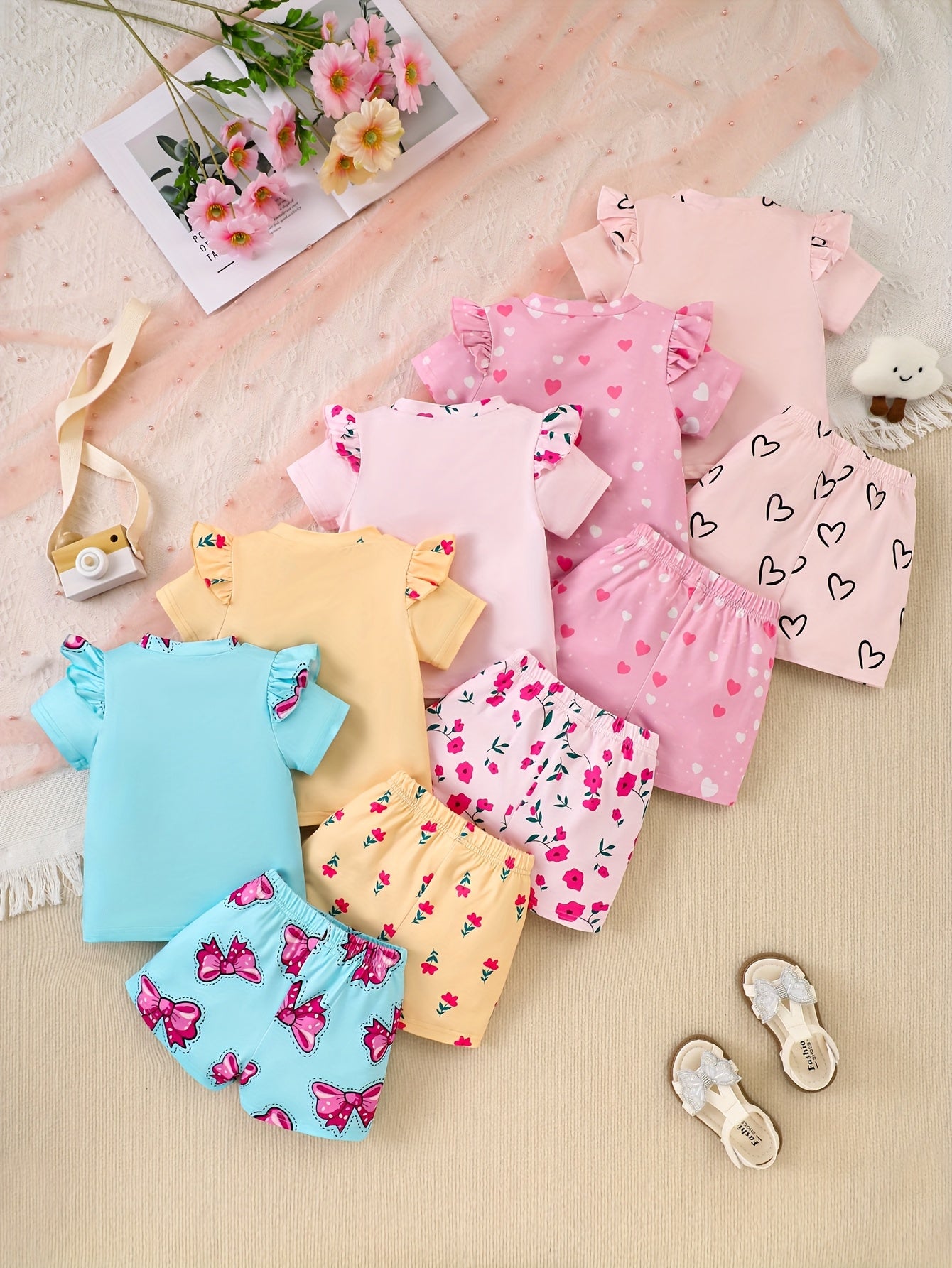 Ten-Piece Set of Girls' Casual Elephant Print Pattern Soft and Comfortable Needle Fabric Short Sleeve Shirt and Shorts Outfit, Perfect for Outdoor