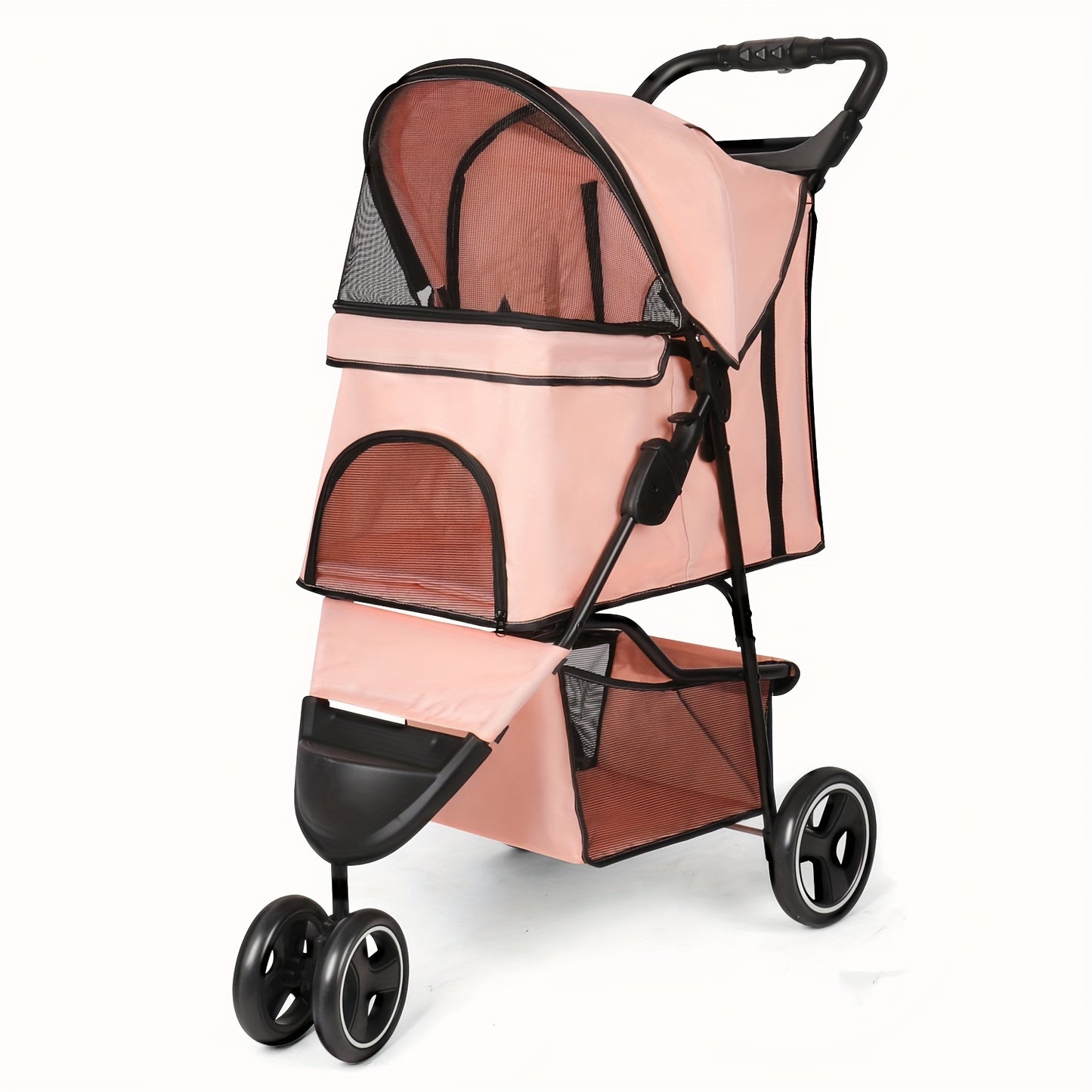Easy-Fold Pink Pet Stroller for Small Dogs & Cats - 33 LBS Capacity, Breathable Mesh Panels, Safety Leashes, Cup Holder & Storage Basket, Smooth 4-Wheel Design with Secure Canopy, Dog Stroller