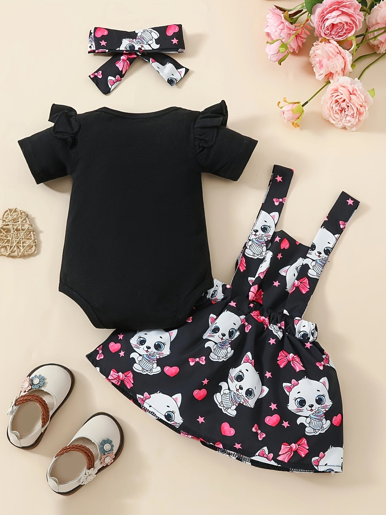 Adorable 3pcs Baby Girl's Outfit Set - Cute Cat & Heart Print Romper, Bowknot Suspender Skirt with Matching Bandana - Soft Cotton Blend for Summer, Perfect for Outdoor