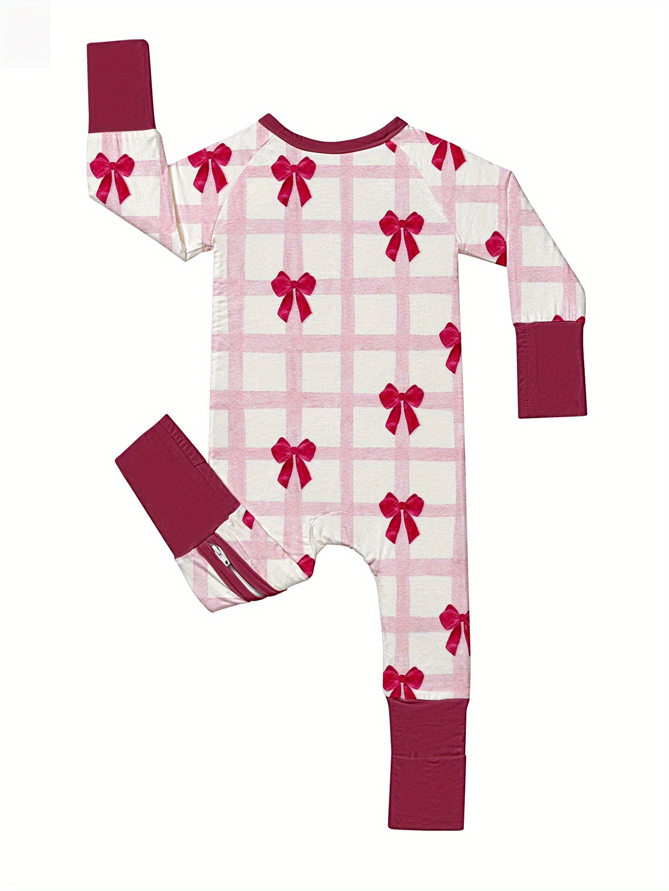Bamboo Bliss Baby Girl Bodysuit Set – Adorable Bow Print with Double-Sided Zipper