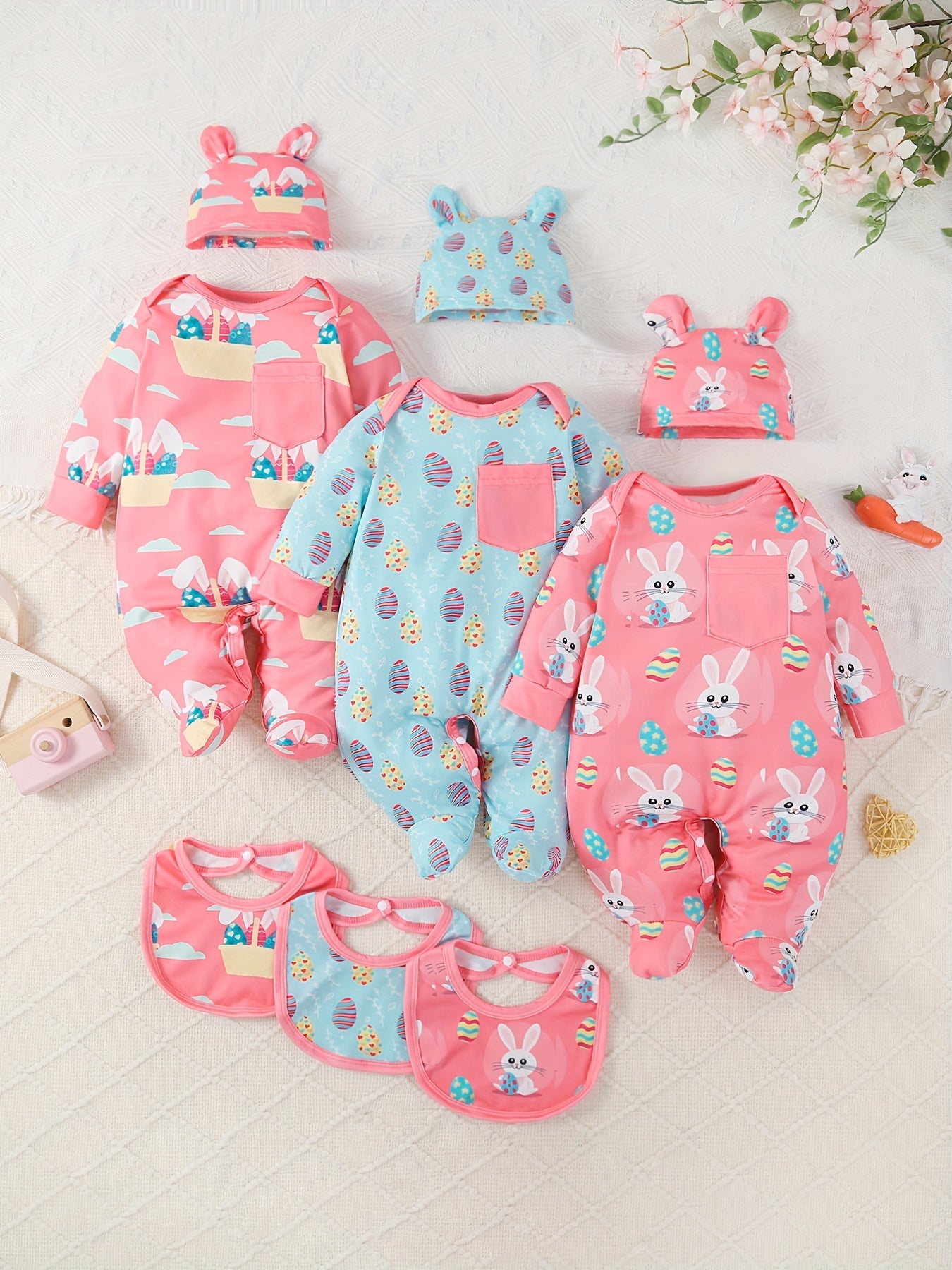 Newborn Girl 9Pc All Season Outfit Set With Bunny Hat
