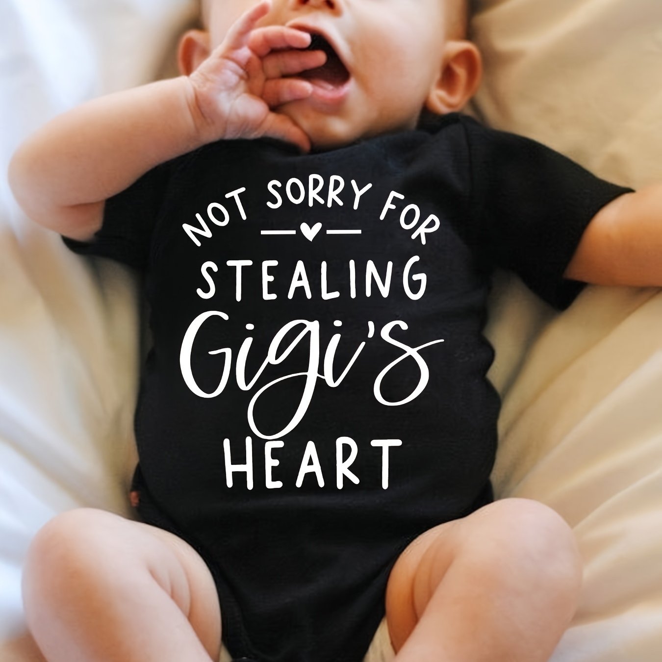 Not Sorry for Stealing Gigi's Heart Gray Short Sleeve Romper for Boys and Girls