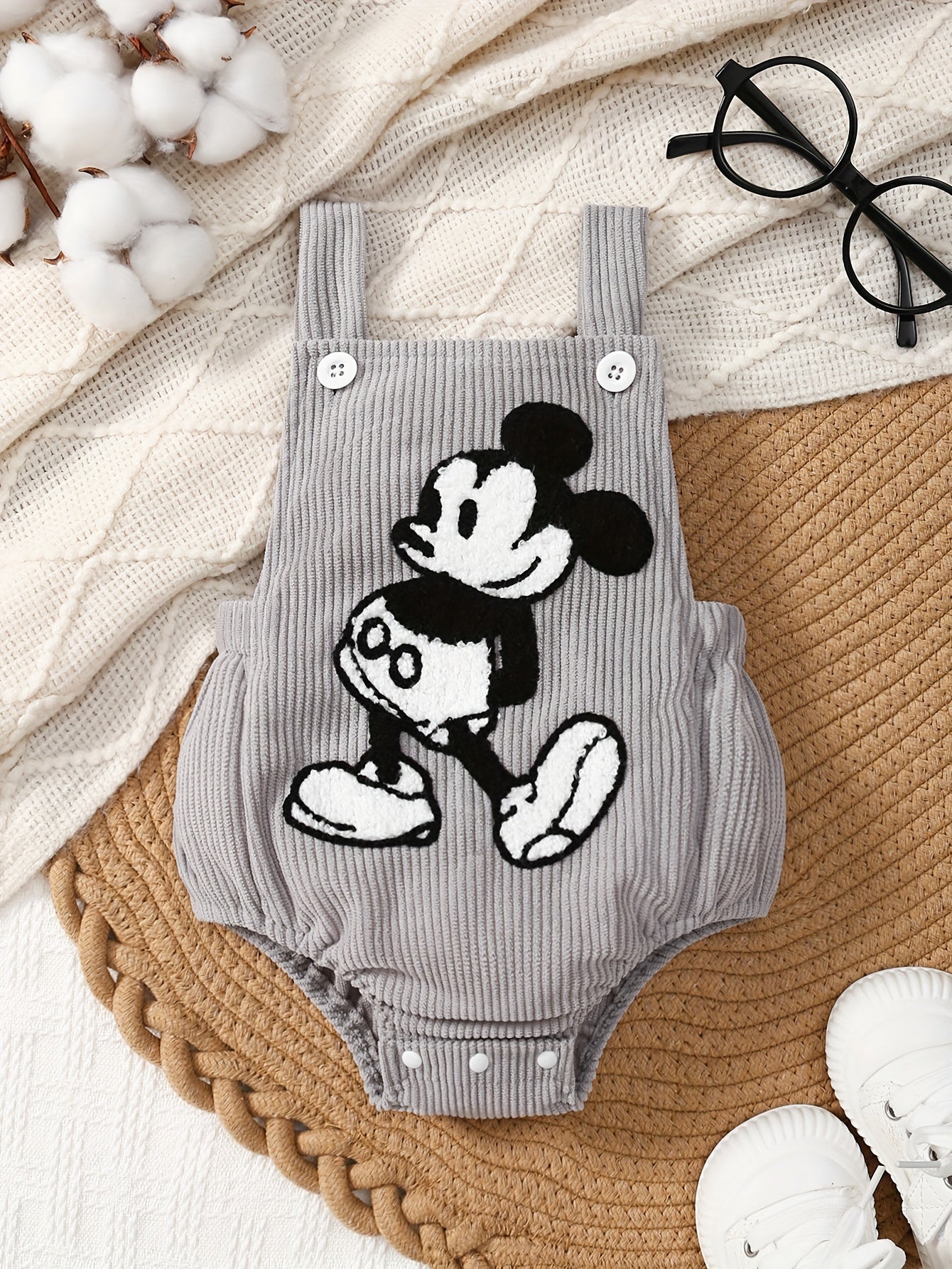 Baby Boys Cartoon Mouse Embroidered Romper Light Grey Corduroy Overalls for Spring Fall