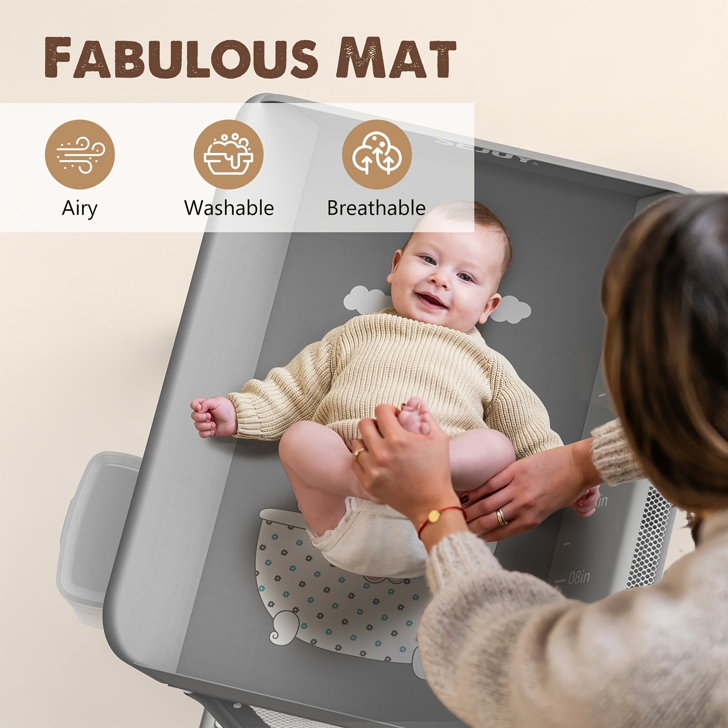 SEJOY Baby Changing Table with Wheels - Adjustable Height Folding Diaper Station, Portable Nursery Organizer & Storage Rack with Wicker Basket, Durable Metal Frame, Gray for Newborns & Infants