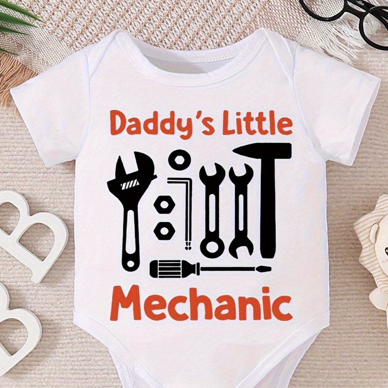 Daddy's Little Mechanic Cotton Bodysuit for Boys Comfy Short Sleeve Round Neck Romper