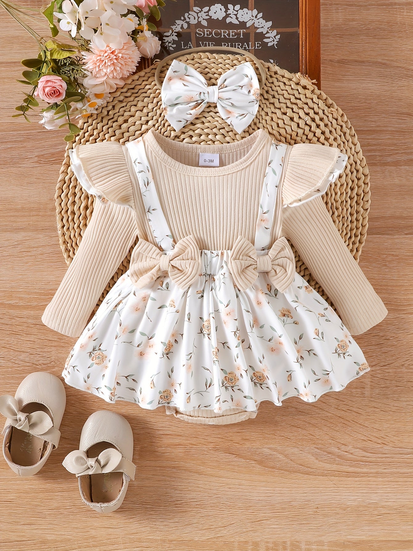 Floral Soft Knit Baby Bodysuit With Matching Headband Set
