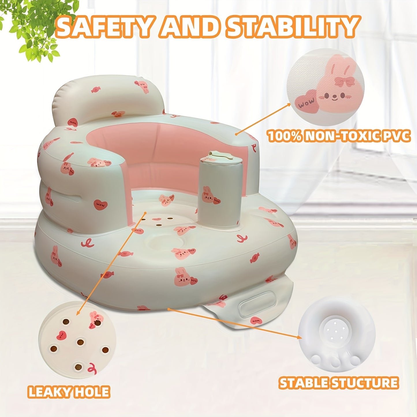 Sungdogin Love Bunny Inflatable Baby Seat for 3-36 Months Portable Travel Friendly Pink