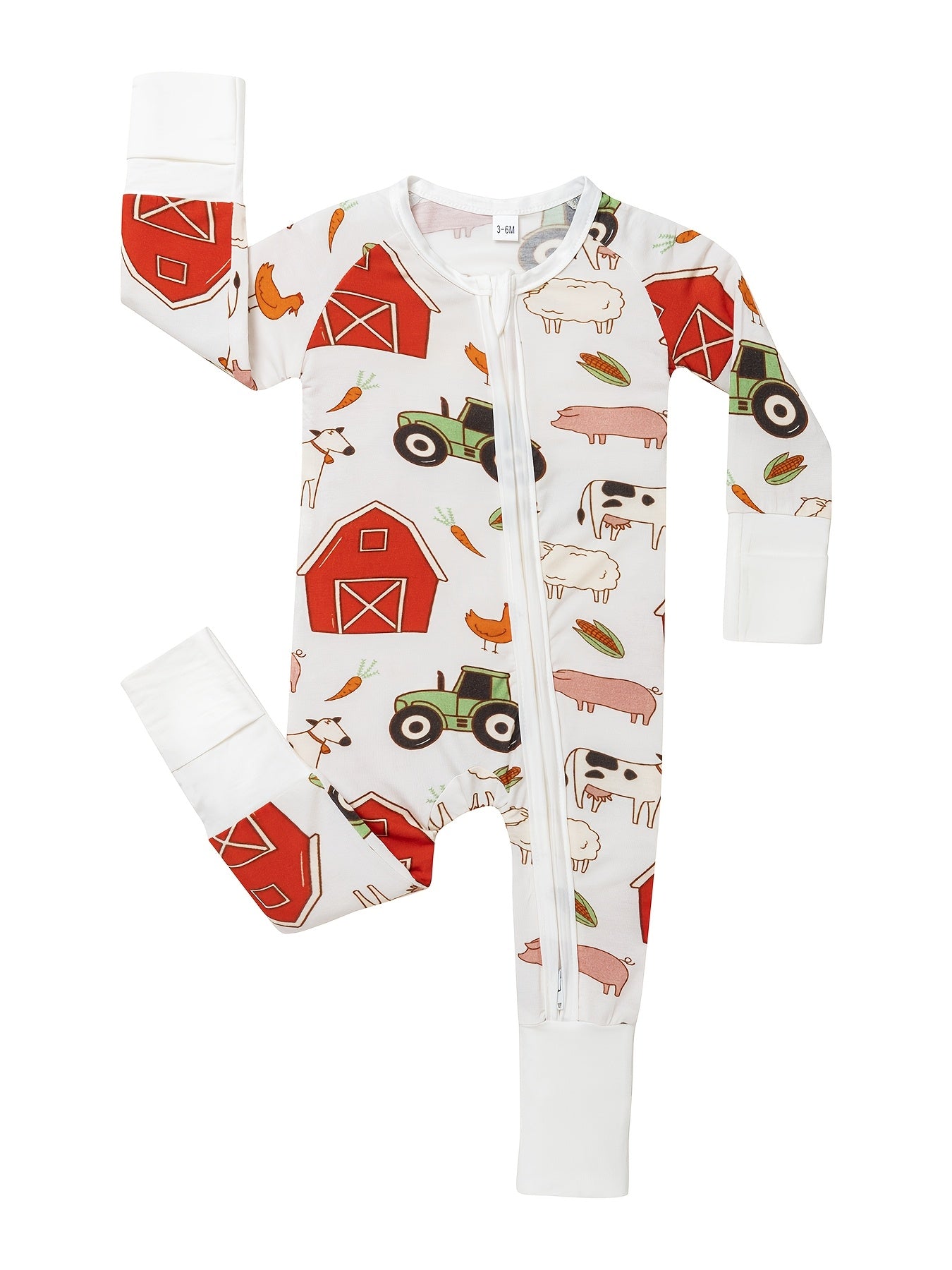 Bamboo Baby Bear Farm Print Romper Sleeper with Mitten Cuffs Feet Cuff Newborn Boy Girl And Play with Anti Grips Bottom Feet, for Outdoor