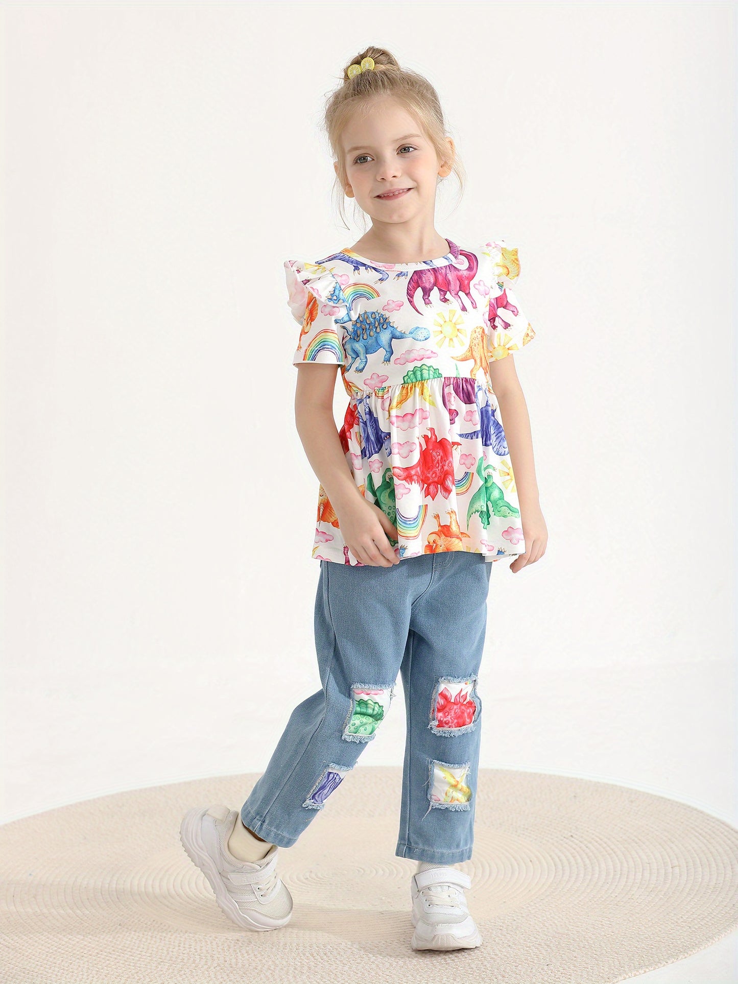 Summer Toddler Kids Baby Girls Clothes Set Cartoon Dinosaur Print Children Girl Short Sleeve Tops and Jeans Pants Children Clothing Outfits, Perfect for Outdoor