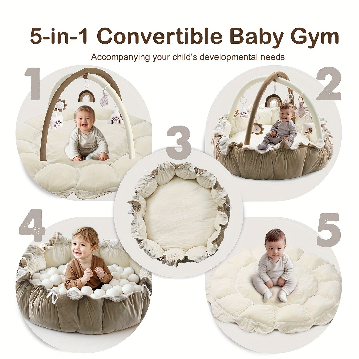 5 In 1 Plush Baby Play Gym With Tummy Time Mat And 6 Toys Ball Pit For Development