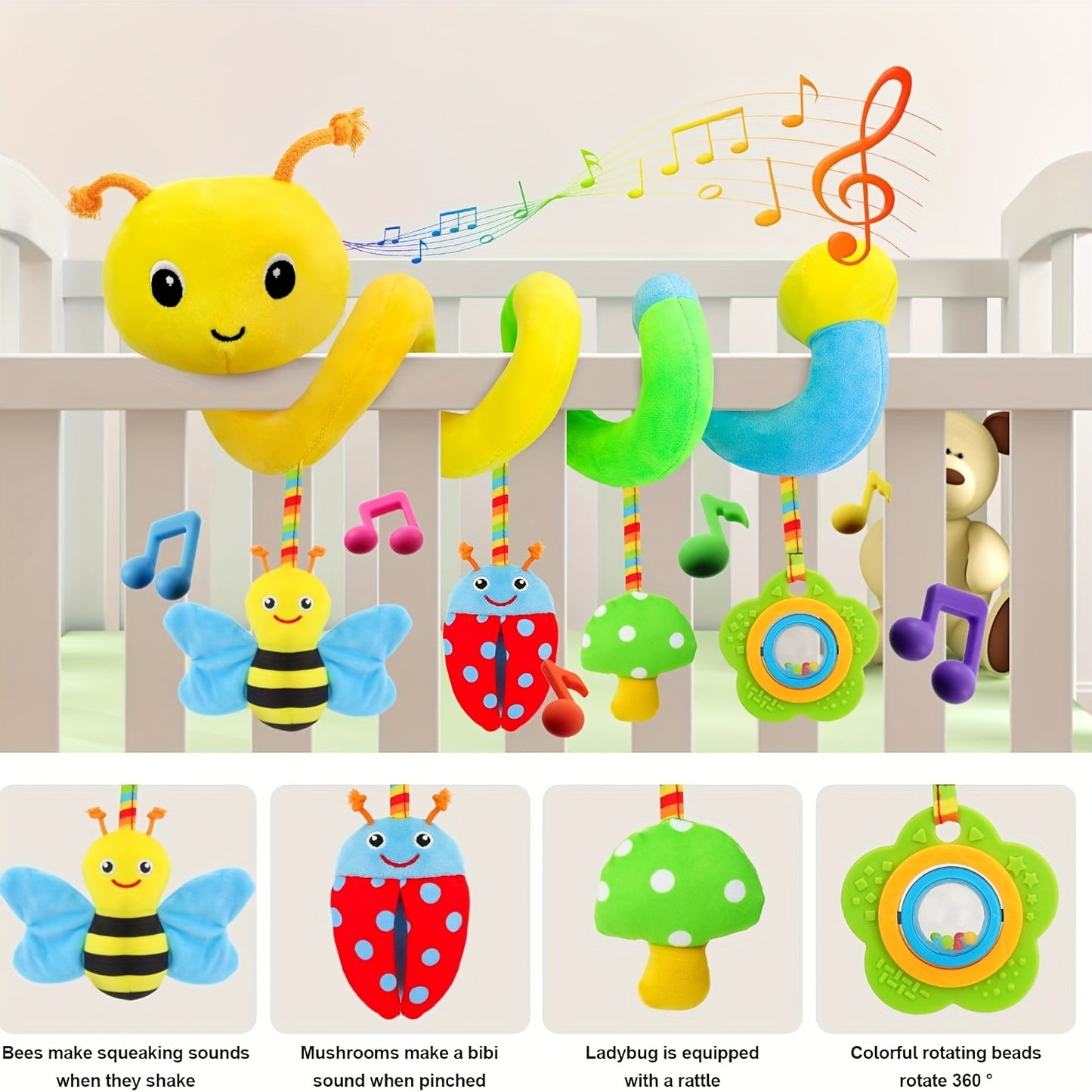 Musical Rattle Set For Babies 0 To 6 Months High Contrast Car Seat Toys Plush Pendants
