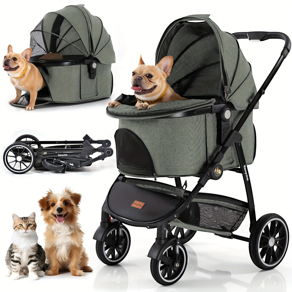 Kenyone Pet Stroller C510 Gray - 3 in 1 Dog Stroller for Medium Small Dogs, Large Cat Stroller with Detachable Carrier for Puppies, Doggies, Kitties, Bunnies - Durable & Lightweight - Suitable for Outdoor Walks & Travel - Ide