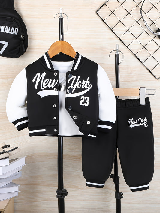 2pcs Baby Boys Fall Winter Hoodie and Pants Set New York 23 Casual Knit Outfit