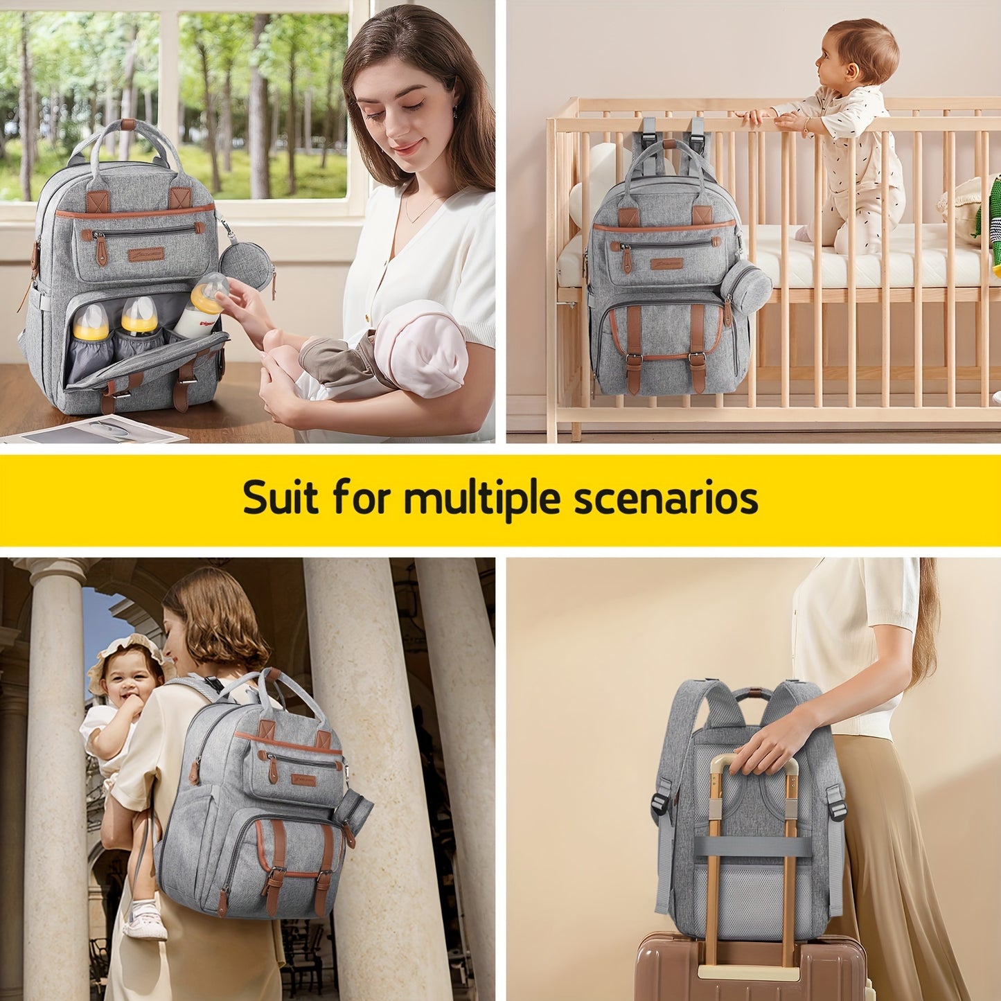 Expandable Diaper Backpack for Moms and Dads with Changing Pad and Stroller Straps Grey