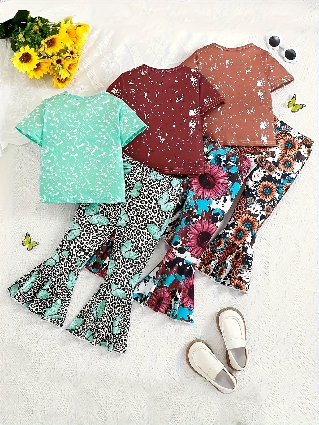3pcs Set Girls' Long Pants Outfits - Floral Print, Crew Neck Short-Sleeve T-Shirt & Flared Pants, Polyester Knit Fabric with Slight Stretch - Spring/Summer/Fall Casual Wear | Machine Washable | Elegant Ruffle Details