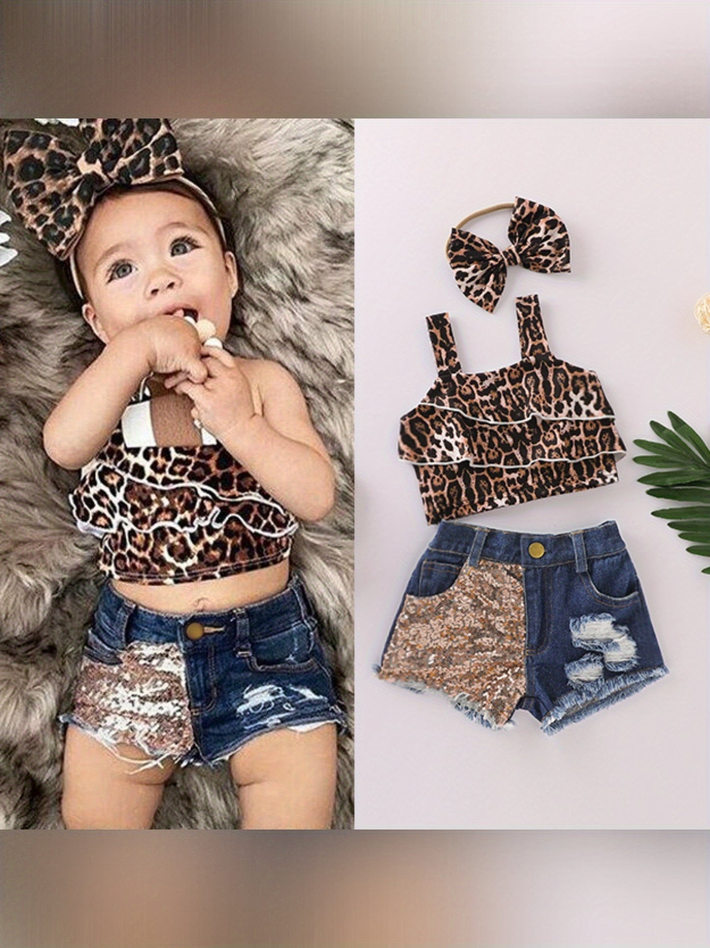 Baby Girls Summer Outfit Toddler Sleeveless Leopard Crop Top Denim Shorts and Bowknot Headband