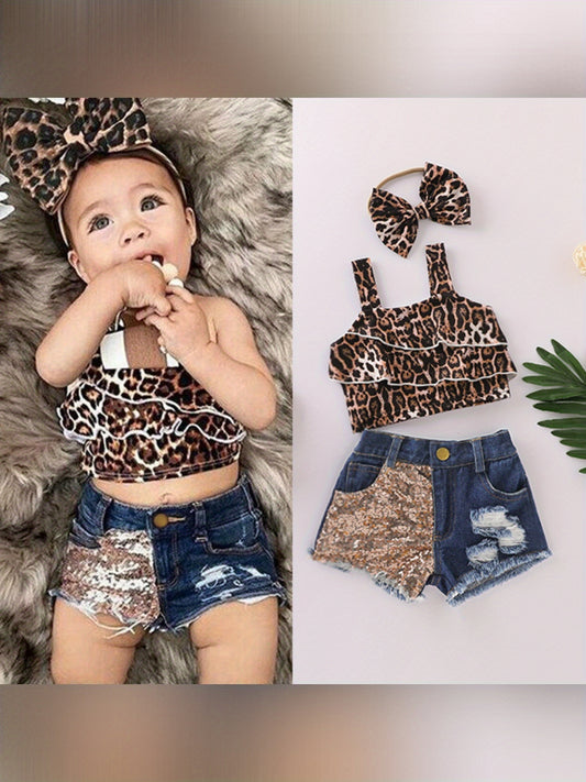 Baby Girls Summer Outfit Toddler Sleeveless Leopard Crop Top Denim Shorts and Bowknot Headband