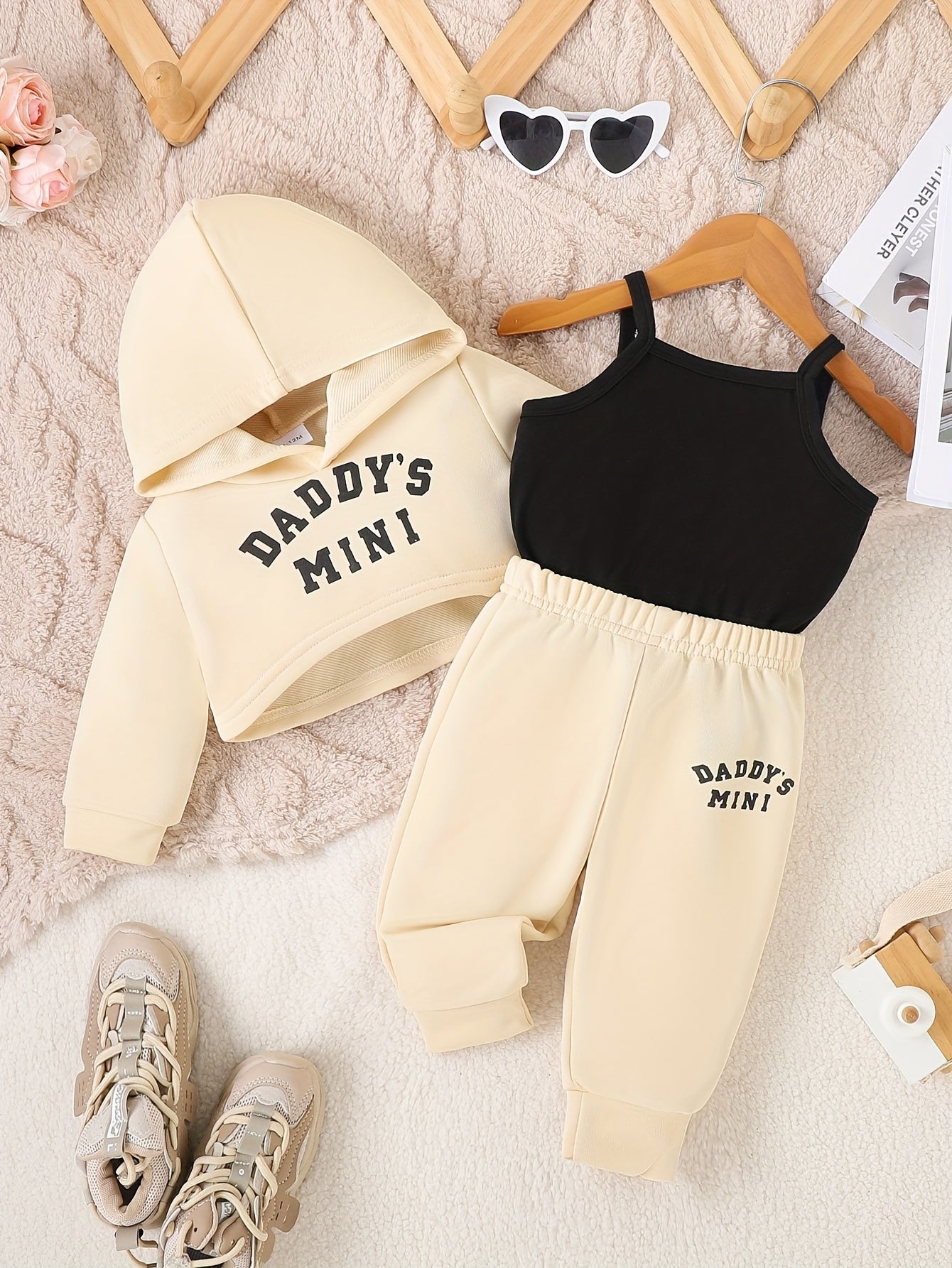3PCS Baby Girl's Daddy's Mini Print Hoodie Cami Top Casual Pants Outdoor Set for Fall Winter
