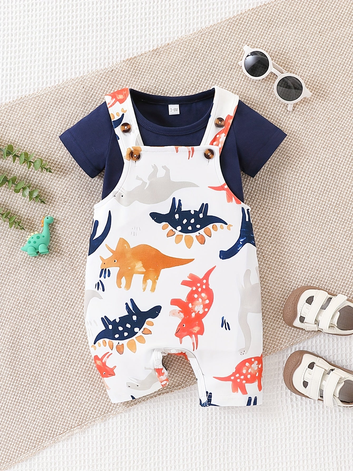 Newborn Baby Boy Clothes Toddler Boys' Short Sleeve T-Shirt+Dinosaur Print Overalls Jumpsuit Short Pants 2pcs Outfits Sets, Perfect for Outdoor