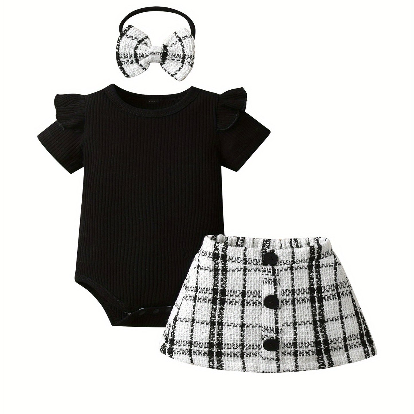 Infants Baby Girl Fashion Clothes Set Solid Cotton Short Sleeve Bodysuit Top + Plaid Skirt with Headband Toddler Summer Outfits, for Outdoor