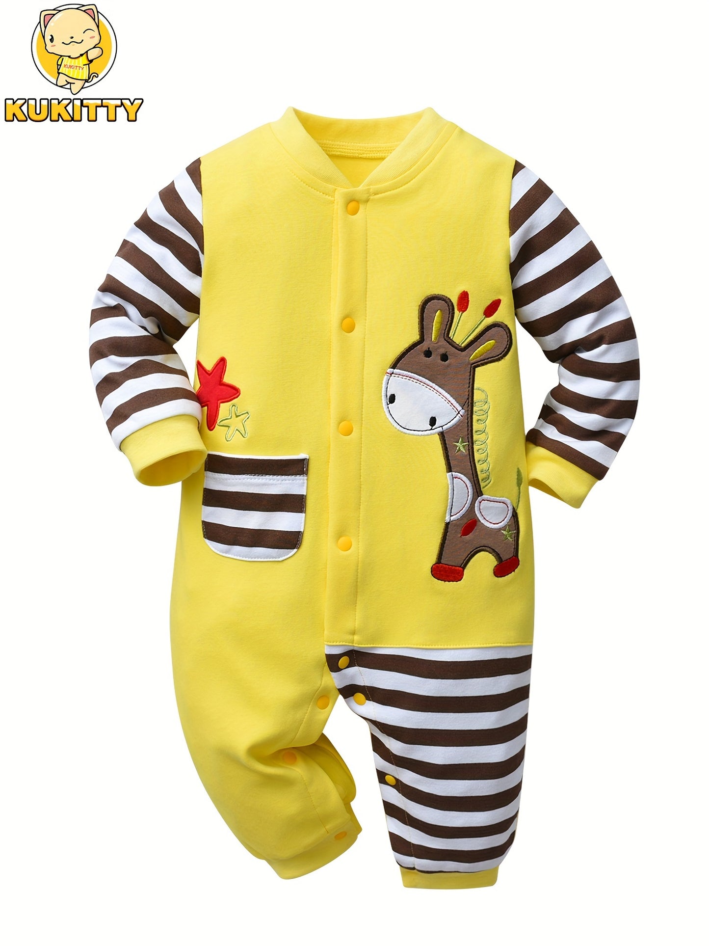 KuKitty Baby Boy Romper Infant Long Sleeve Giraffe Pattern Striped Jumpsuit, for Outdoor