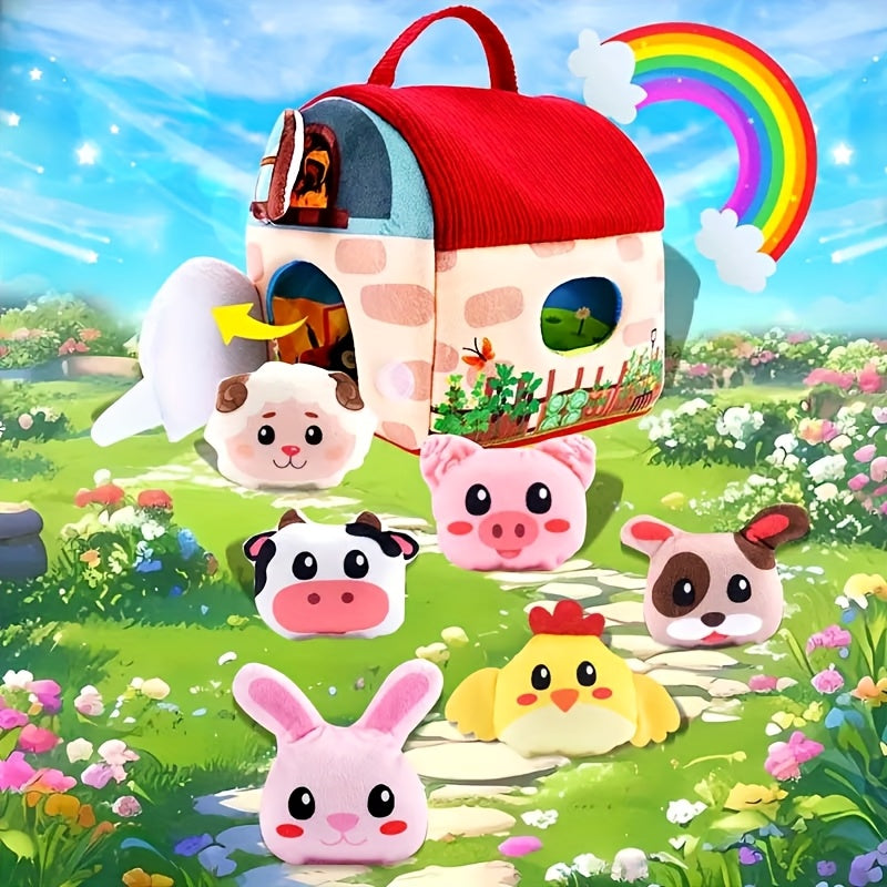 7 Piece Infant Baby Stuffed Animal Toy Playset with Rattles and Sensory Balls