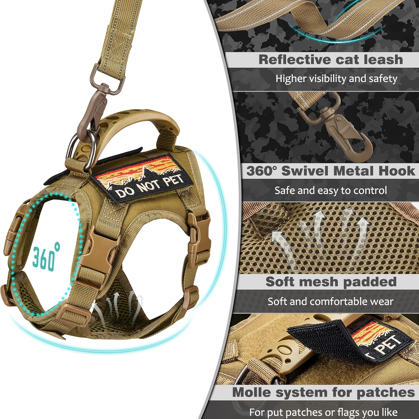 Adjustable Cat Outdoor Tactical Harness Air Mesh Escape Proof Reflective Vest for Fat Cats