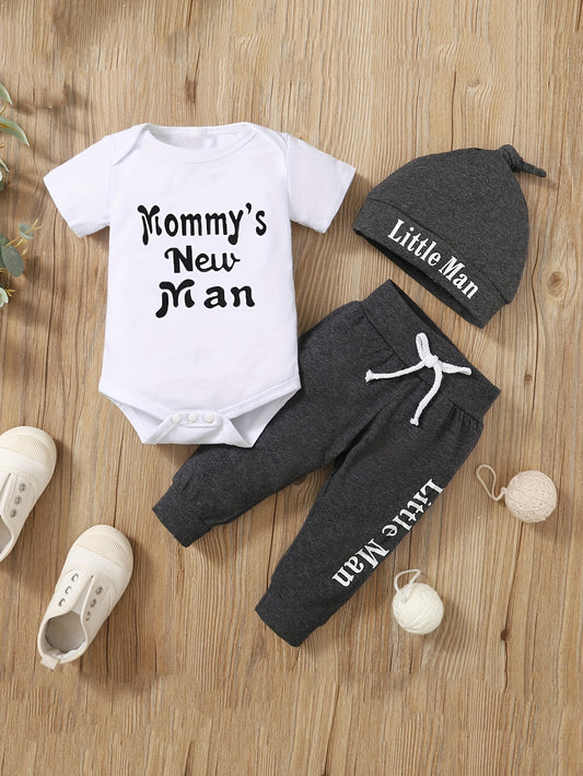 Infant and toddler pure letter printed cotton short sleeved jumpsuit+gray pants+hat three piece set