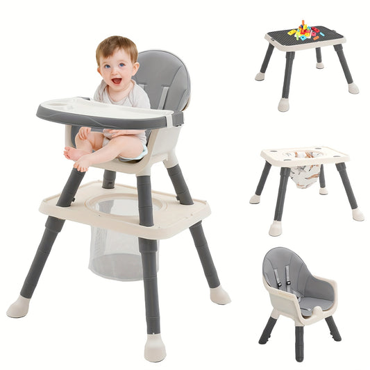 Adjustable 7-in-1 High Chair with Table Wheels Foldable Reclining for Kids Grey