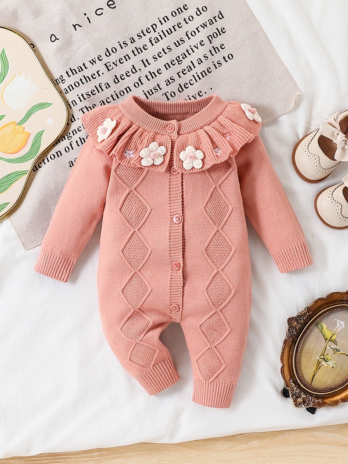 Baby Girls Knit Romper With Ruffled Collar Embroidery