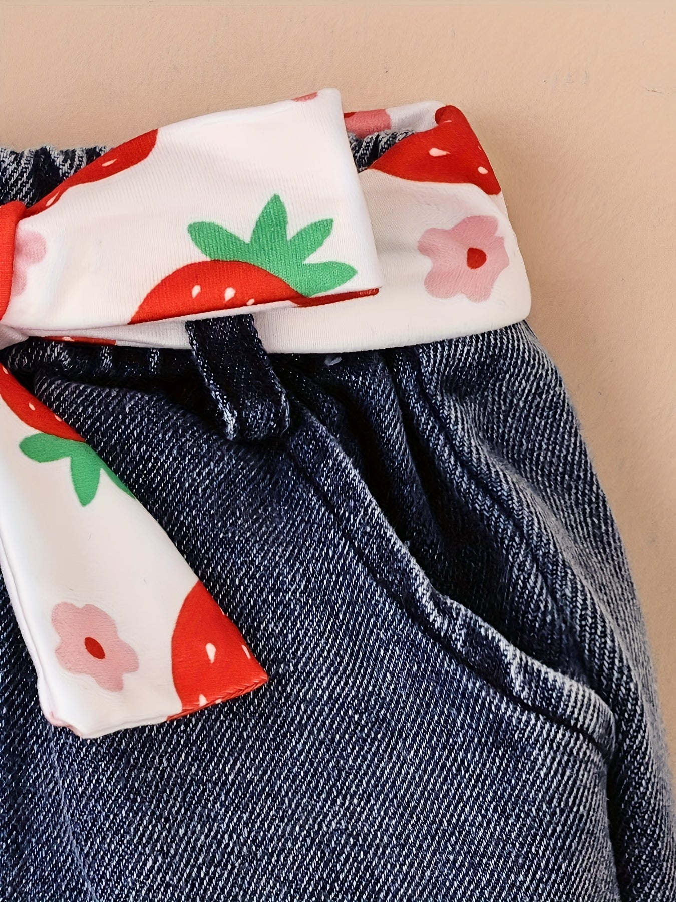 Baby Girl Clothes Strawberry Printed Fly Sleeve Top+Denim Skirt+Head Knot Three -Piece Set with 0 - 18Months, for Outdoor