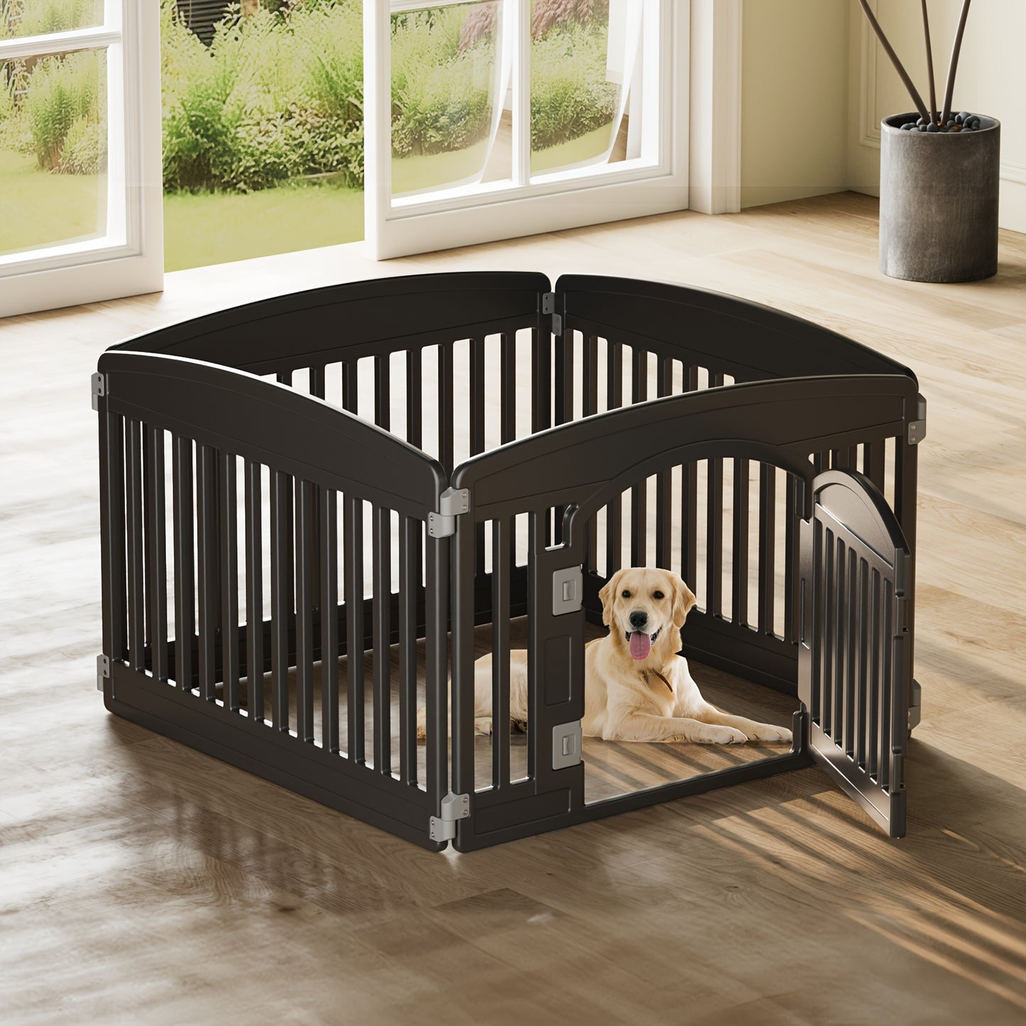Durable 4 Panel Plastic Pet Playpen with Lockable Door and Non-Slip Bottom for Indoor Outdoor Use