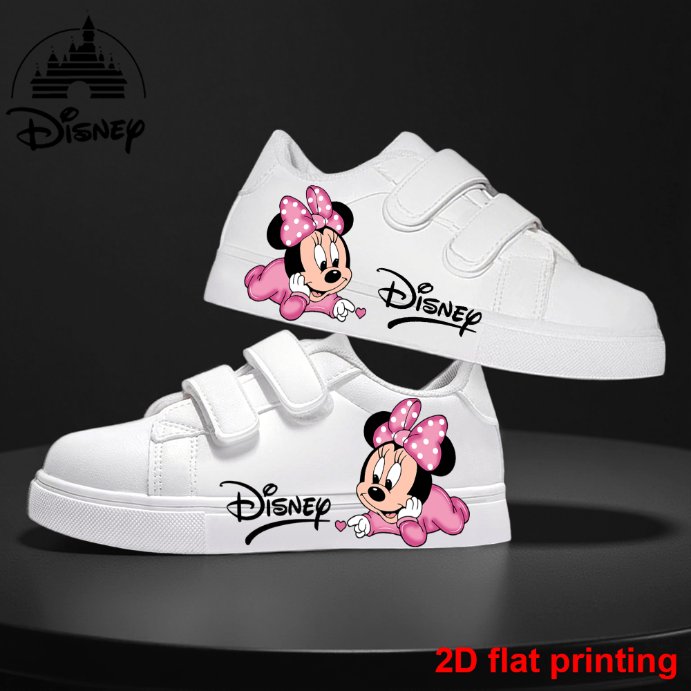 Disney Mickey and Minnie Kids Sneakers With Velcro Closure 2D Flat Printing Lightweight All Season Casual Shoes