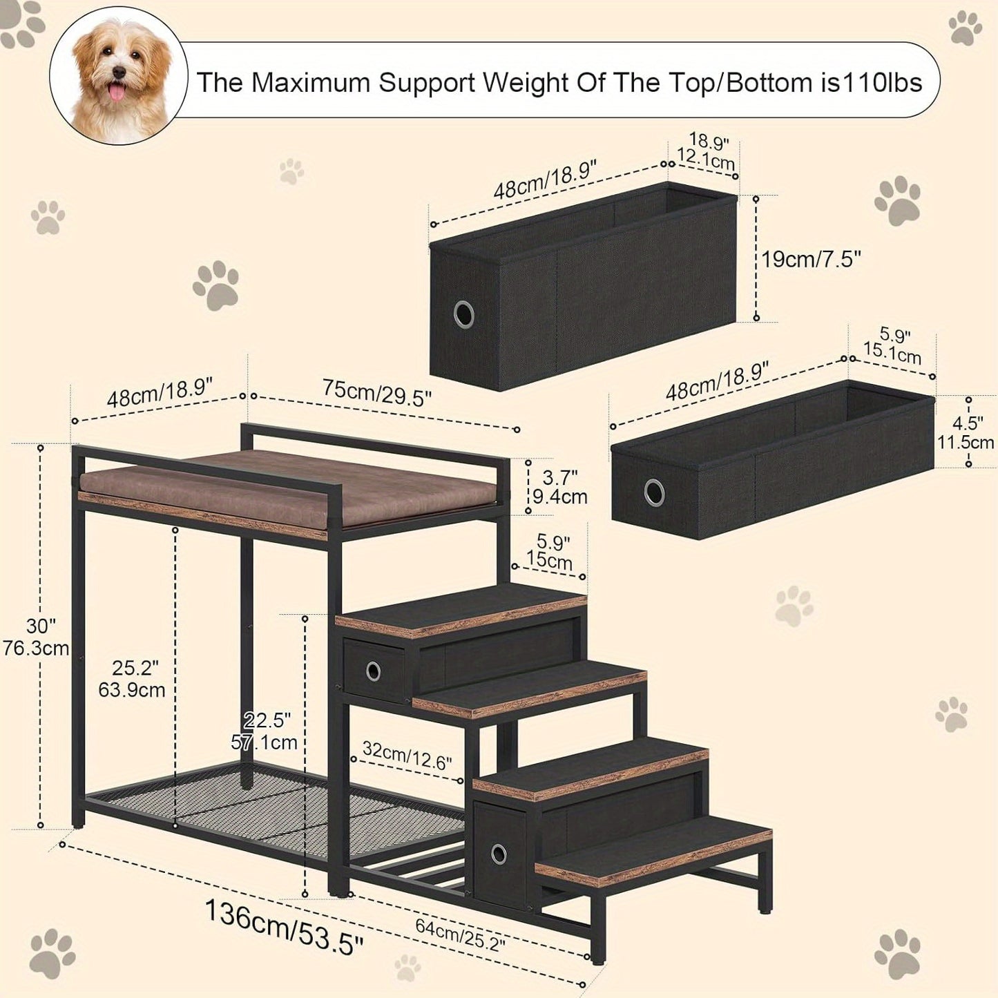 Pet Bunk Bed with Stairs and Storage for Dogs and Cats Multi-Level Elevated Lounge
