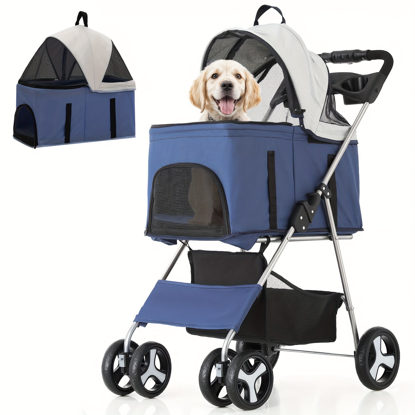 MoNiBloom 3-in-1 Foldable Pet Stroller Detachable Carrier, Car Seat and Stroller with Push Button Entry for Small Pets, Dog Stroller for Medium Dogs Load Up to 33 lbs