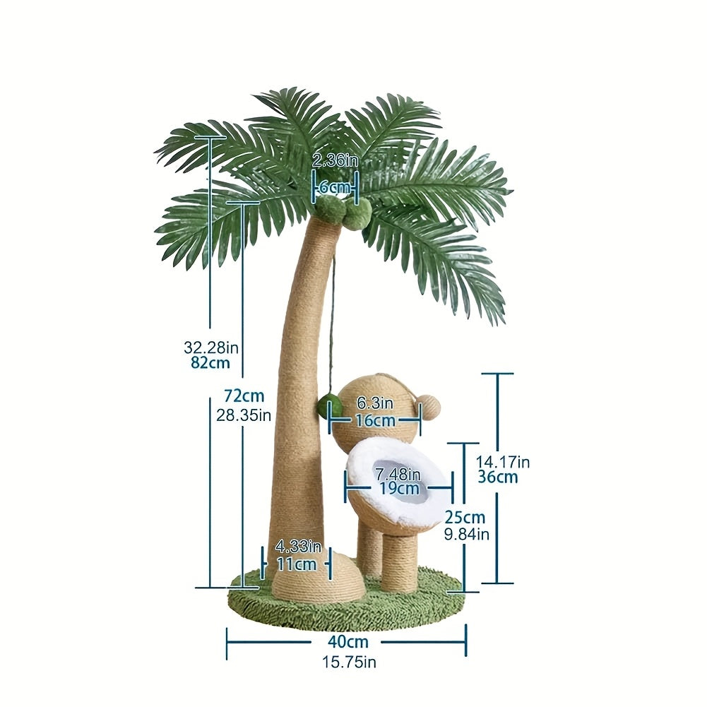 33 Inch Large Cat Scratching Post with Curved Palm Tree Design and Interactive Toys