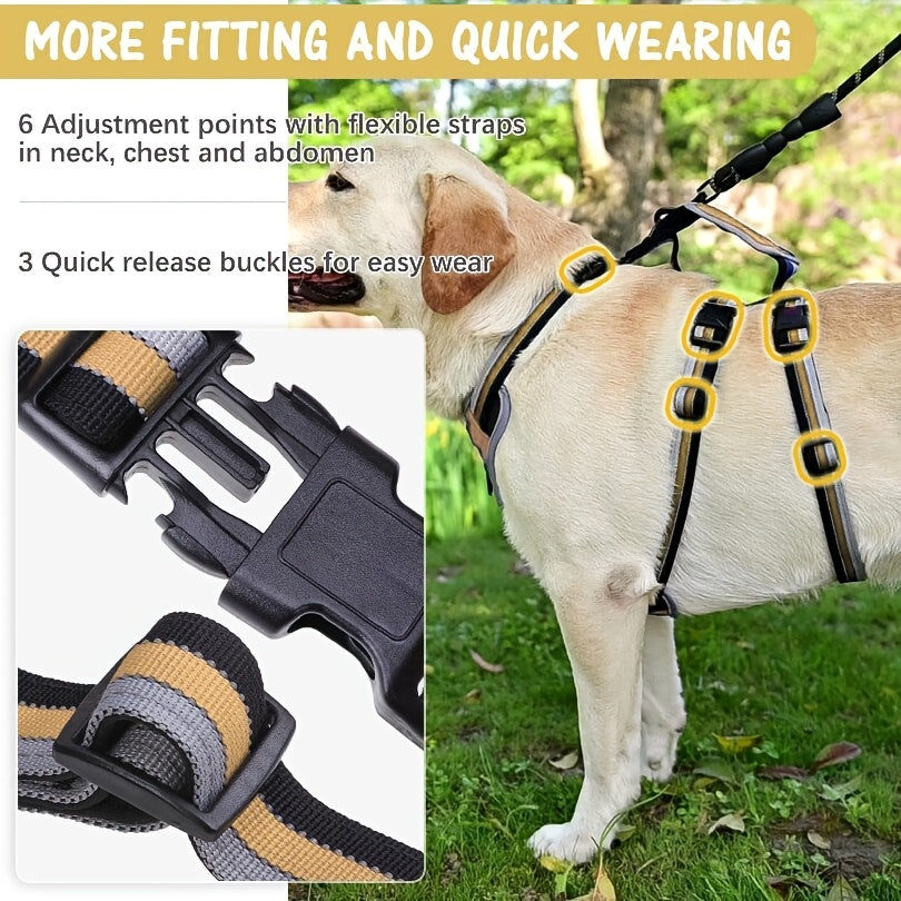 Adjustable No-Pull Dog Harness with Handle - Escape Proof, Soft Padded, Reflective Full Body Vest for Medium and Large Dogs, Ideal for Walking, Hiking, and Training, Beige, Escape-proof, Safety Vest