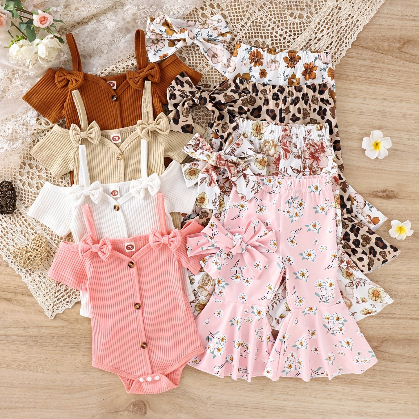 3pcs Baby Girl Spring Outfit Set Cold Shoulder Romper Flare Pants Headband for Outdoors
