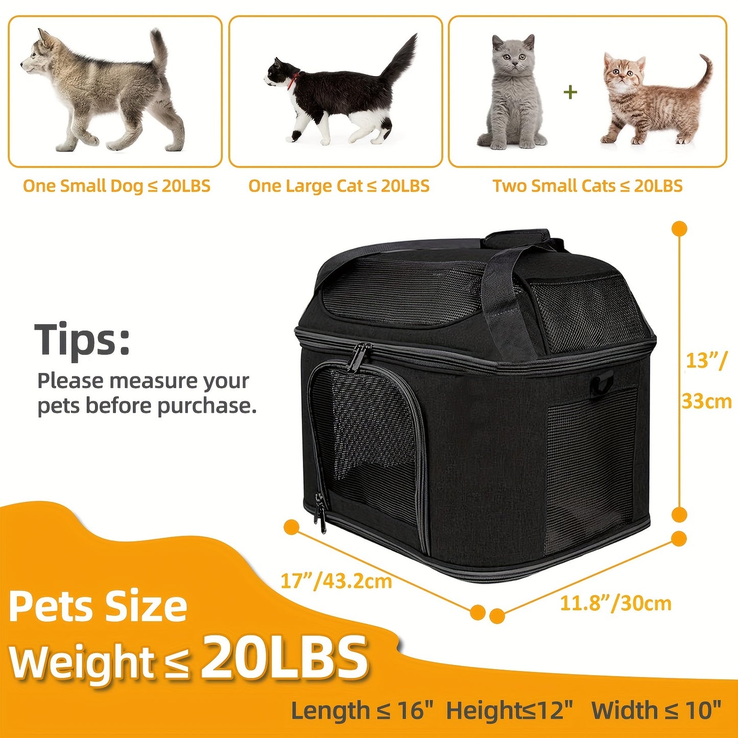 Large Cat Carrier for Two Cats Soft-Sided TSA Approved with Removable Plush Bed and Mesh Panels