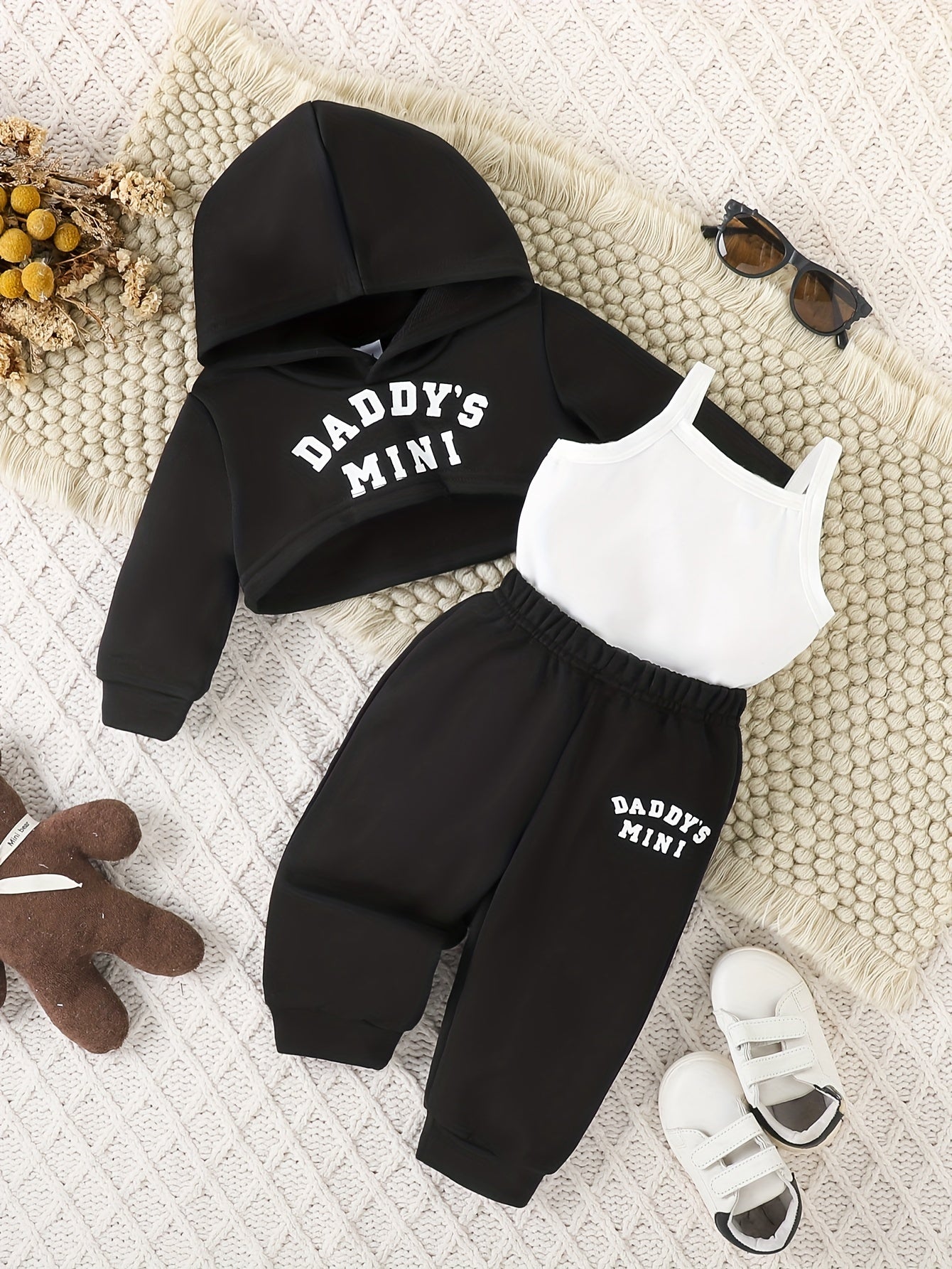 3PCS Baby Girl's Daddy's Mini Print Hoodie Cami Top Casual Pants Outdoor Set for Fall Winter