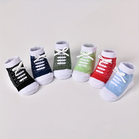 3/6 Pairs Baby Boys & Girls Breathable Lace-Up Ankle Socks - Soft Polyester with Adjustable Bow Detail, All-Season Comfort, Hand Wash Only, Assorted Colors for Infants, Infant Comfort Wear, Playful Infant Design