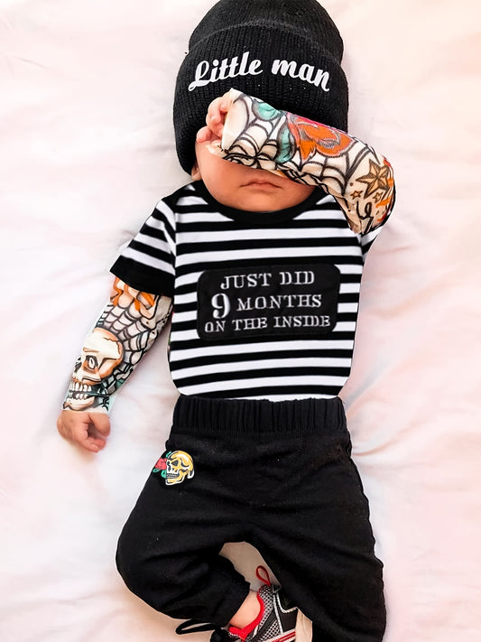 Newborn Baby Boy Tattoo Print Striped Romper Set With Black Pants Three Piece Outfit