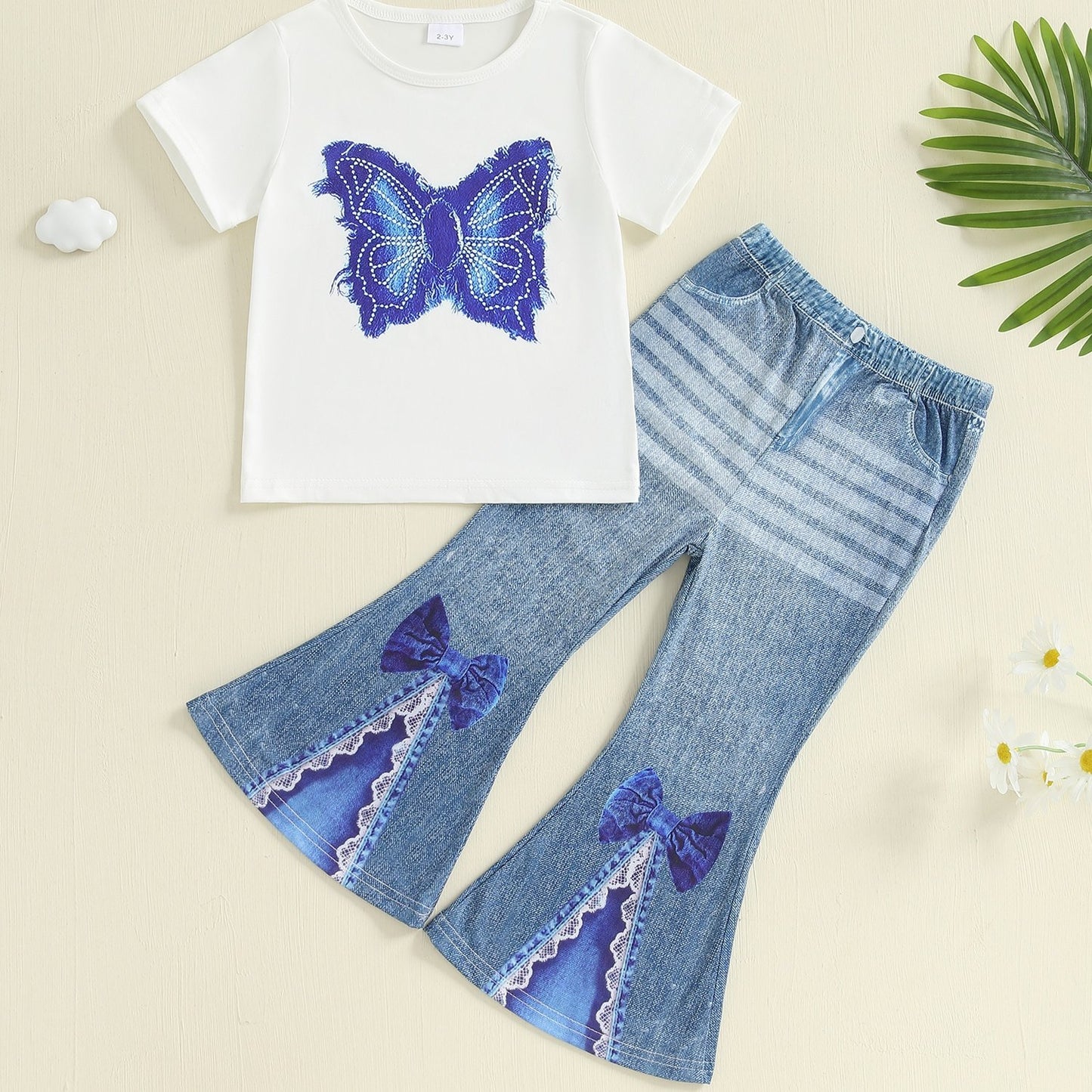 Little Toddler Girl Summer Outfit Butterfly Pattern Crew Neck Short Sleeve T-Shirt and Denim Bell Bottoms 2pcs Set, Perfect for Outdoor