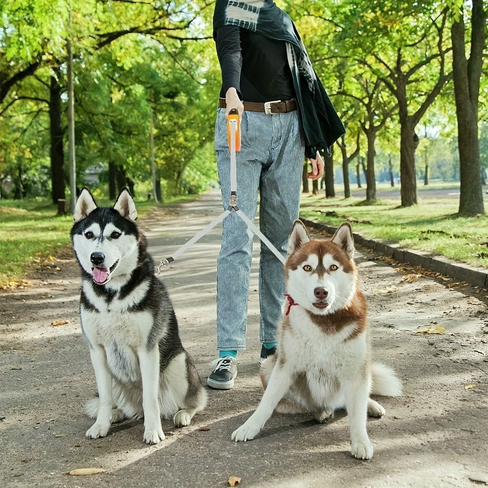 Dual Head Self Retracting Dog Leash for Two Dogs Weighing Up to 110 Lbs, Heavy Duty 16ft. Dual Head Flexible Retractable 360° Tangle Resistant One-Touch Locking Brake Dog Leash for Small Medium Large Dogs