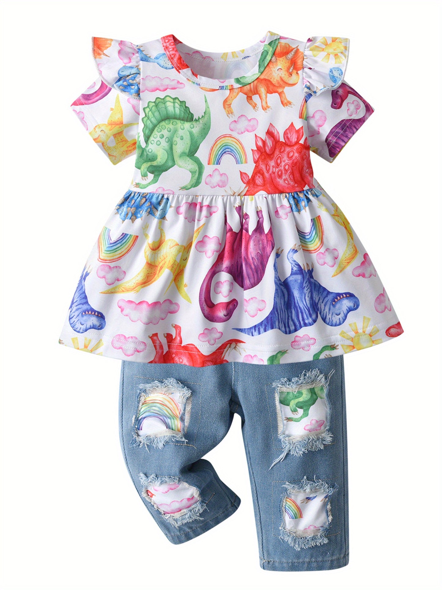 Summer Toddler Kids Baby Girls Clothes Set Cartoon Dinosaur Print Children Girl Short Sleeve Tops and Jeans Pants Children Clothing Outfits, Perfect for Outdoor