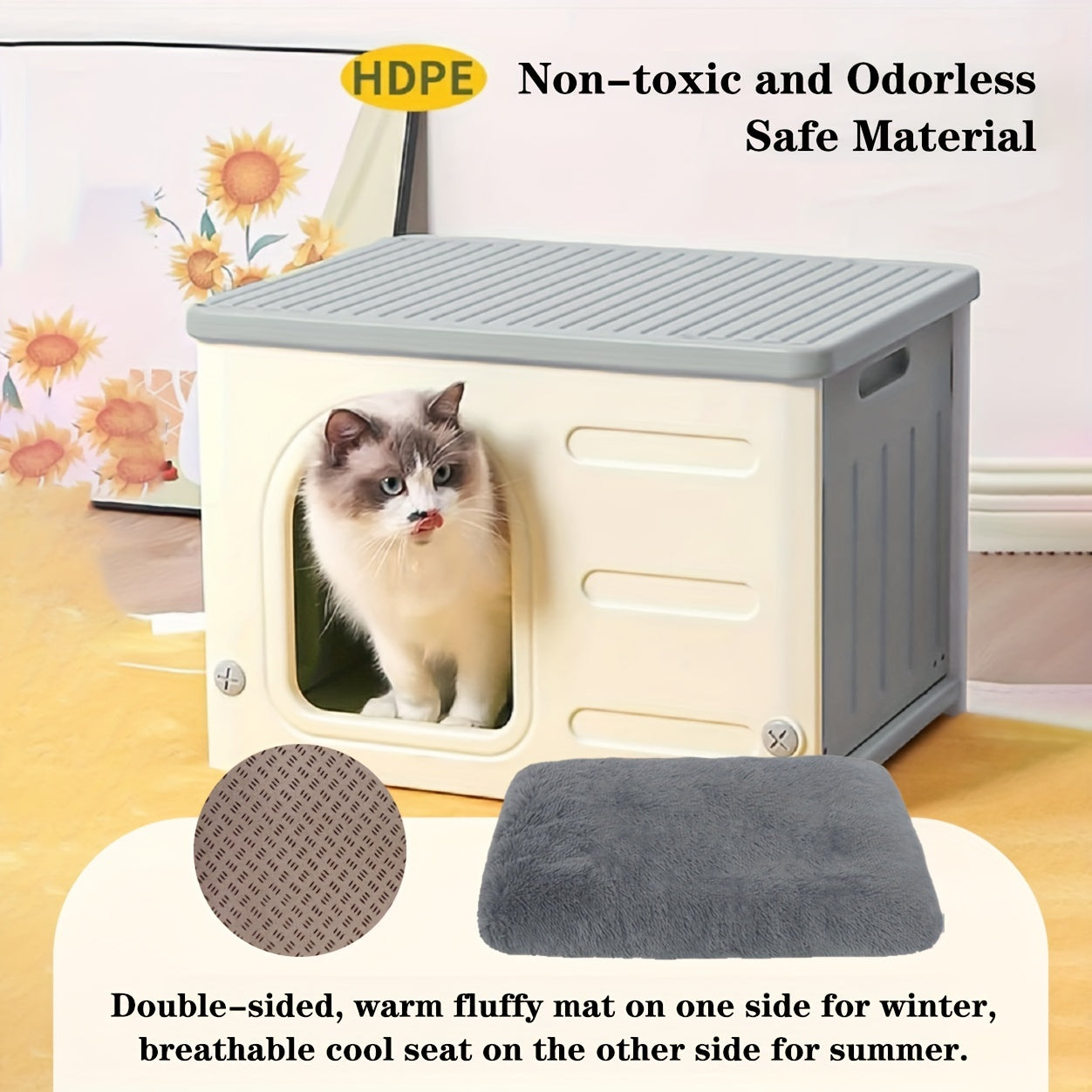 Waterproof Classic Cat House with Mat Indoor Outdoor Plastic Shelter Easy Assembly