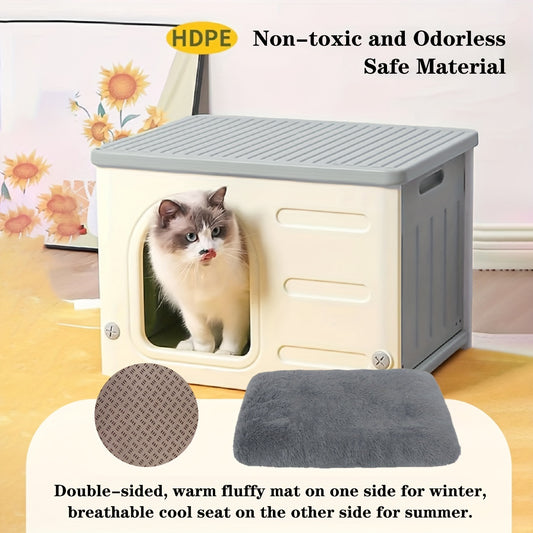 Waterproof Classic Cat House with Mat Indoor Outdoor Plastic Shelter Easy Assembly