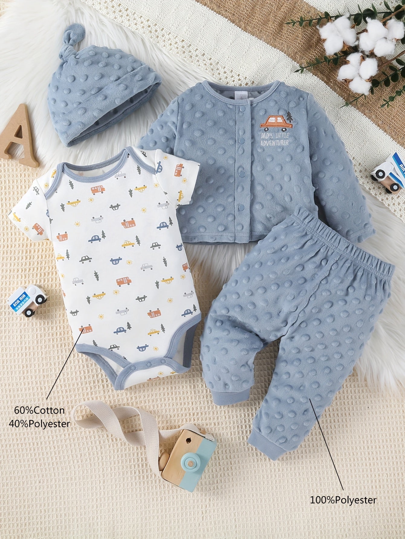 Autumn Winter Baby Jumpsuit 4 Piece Set With Cartoon Car Velvet Hat For Outdoor Play And Halloween Costumes