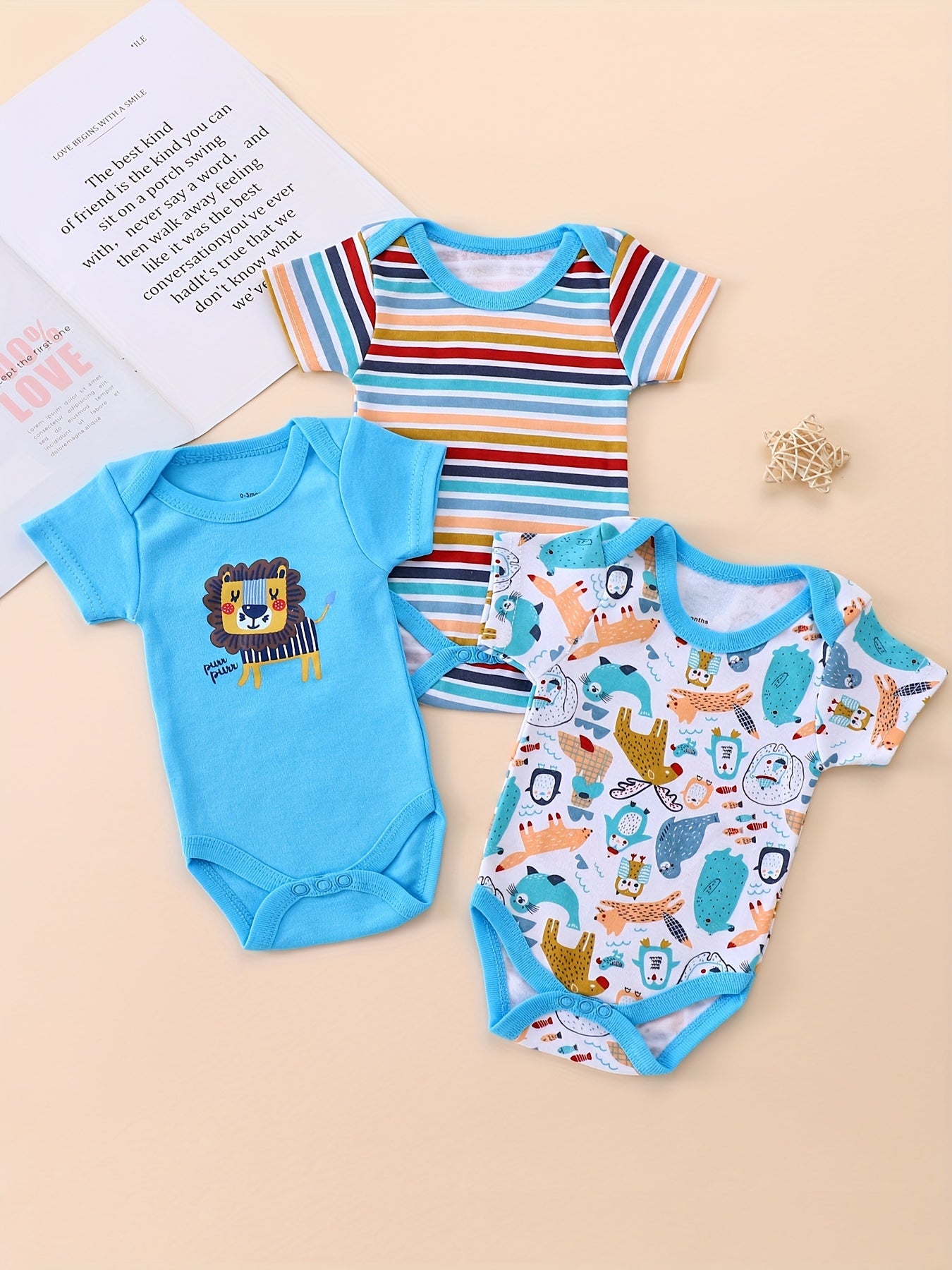 3pcs Baby Boy'S 100% Cotton Short Sleeve Crew Neck Jumpsuit Clothes Summer Triangle Climbing Outdoor Clothes, for Outdoor