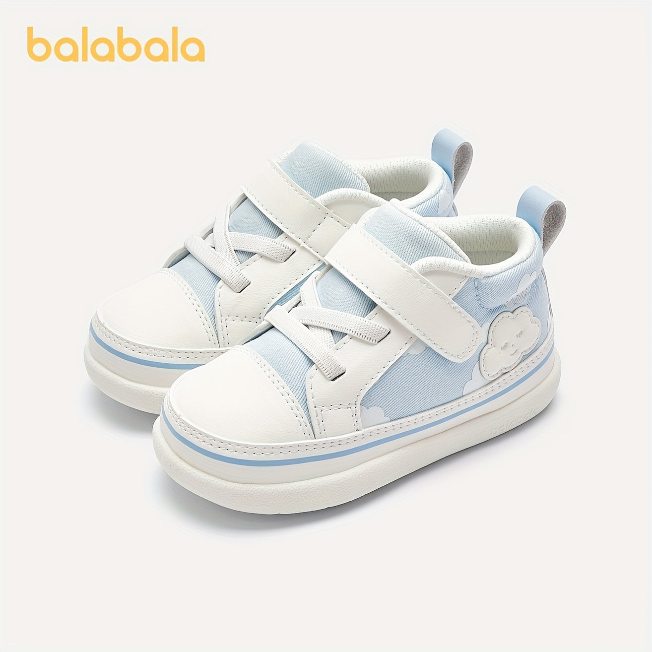 Balabala Baby First Walkers Shoes - High-Top Ankle Support Sneakers with Closure, Light Blue Cartoon Cloud Pattern, Breathable Fabric & EVA Cushioned Insole, Non-Slip Rubber Sole for Spring/Fall Casual Shoes, Everyday Toddler